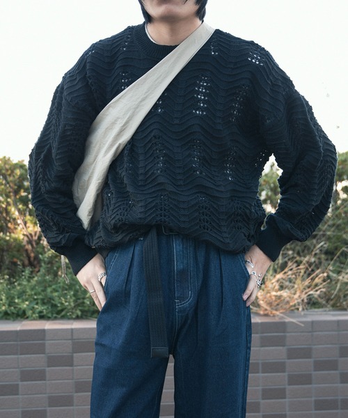 aimoha（アイモハ）の「aimoha men CREW NECK POINTELLE KNIT ポワントール編みニット (SS)（ニット/セーター・メンズ・オフホワイト/ブラック・XXX-LARGE/LARGE/MEDIUM/XX-LARGE/X-LARGE）」の7枚目の写真