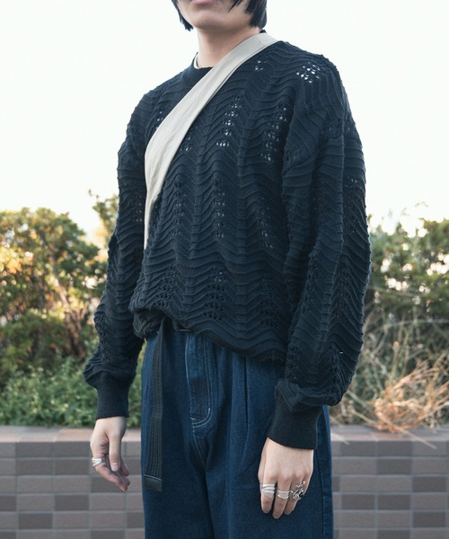 aimoha（アイモハ）の「aimoha men CREW NECK POINTELLE KNIT ポワントール編みニット (SS)（ニット/セーター・メンズ・オフホワイト/ブラック・XXX-LARGE/LARGE/MEDIUM/XX-LARGE/X-LARGE）」の8枚目の写真