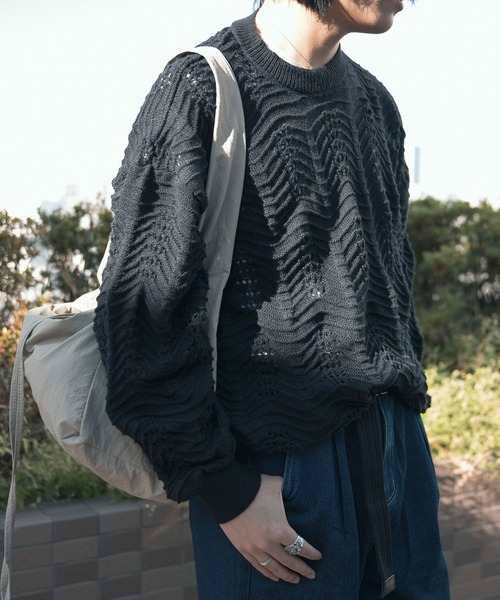 aimoha（アイモハ）の「aimoha men CREW NECK POINTELLE KNIT ポワントール編みニット (SS)（ニット/セーター・メンズ・オフホワイト/ブラック・XXX-LARGE/LARGE/MEDIUM/XX-LARGE/X-LARGE）」の9枚目の写真