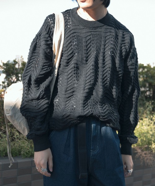 aimoha（アイモハ）の「aimoha men CREW NECK POINTELLE KNIT ポワントール編みニット (SS)（ニット/セーター・メンズ・オフホワイト/ブラック・XXX-LARGE/LARGE/MEDIUM/XX-LARGE/X-LARGE）」の10枚目の写真