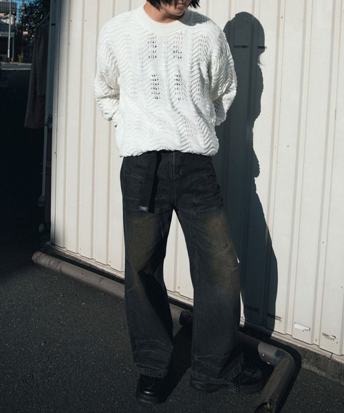 aimoha（アイモハ）の「aimoha men CREW NECK POINTELLE KNIT ポワントール編みニット (SS)（ニット/セーター・メンズ・オフホワイト/ブラック・XXX-LARGE/LARGE/MEDIUM/XX-LARGE/X-LARGE）」の5枚目の写真