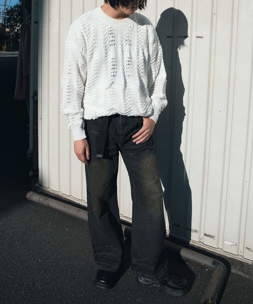 aimoha（アイモハ）の「aimoha men CREW NECK POINTELLE KNIT ポワントール編みニット (SS)（ニット/セーター・メンズ・オフホワイト/ブラック・XXX-LARGE/LARGE/MEDIUM/XX-LARGE/X-LARGE）」の4枚目の写真