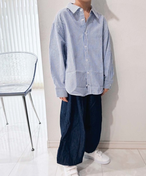 ZI-ON(ジーオン)の「レギュラーカラー&ノーカラーオーバーサイズシャツ(シャツ/ブラウス・キッズ・オフホワイト/カーキ/サックスブルー/グレー系その他/ブルー系その他2/ネイビー/グリーン系その他/グレー系その他2/ブルー系その他/グレー系その他3/ベージュ/チャコール/ホワイト系その他/ベージュ系その他・110cm/120cm/130cm/140cm/150cm/160cm)」の20枚目の写真