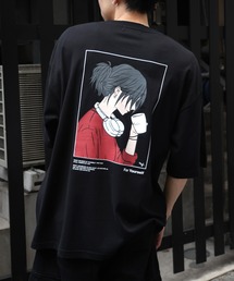イラストバックプリント / ワンポイント刺繍 ビッグシルエット半袖Tシャツ カットソー ユニセックス メンズ レディース