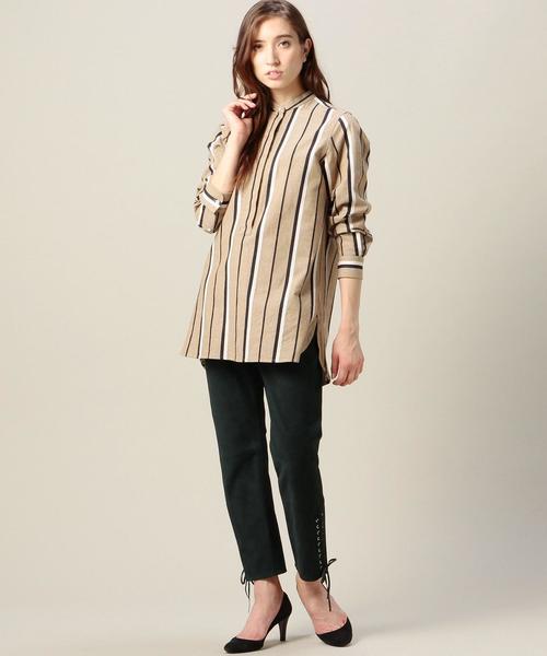 BEAUTY&YOUTH UNITED ARROWS（ビューティーアンドユースユナイテッドアローズ）の「BY ヘリンボーンストライプバンドカラーチュニック◆（シャツ/ブラウス・レディース・ベージュ/ライラック・フリー）」の3枚目の写真