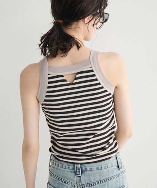 MERLOT（メルロー）の「カップ付きボーダーアメスリタンク（タンクトップ・レディース・ブラック/ブラウン/ピンク・FREE）」の2枚目の写真