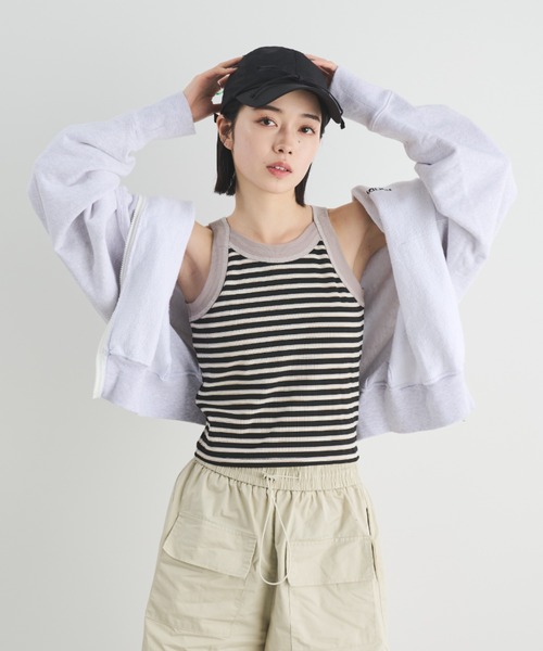 MERLOT（メルロー）の「カップ付きボーダーアメスリタンク（タンクトップ・レディース・ブラック/ブラウン/ピンク・FREE）」の4枚目の写真