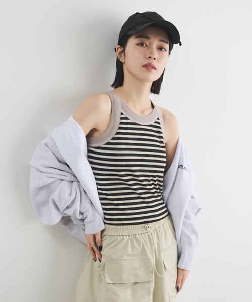 MERLOT（メルロー）の「カップ付きボーダーアメスリタンク（タンクトップ・レディース・ブラック/ブラウン/ピンク・FREE）」の6枚目の写真