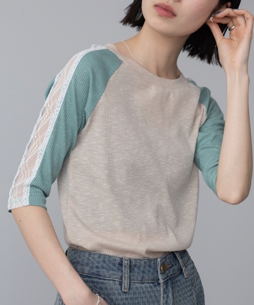 レースラインラグランリブトップス（Tシャツ/カットソー