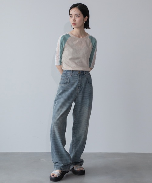 VACANCY(ヴァカンシー)の「レースラインラグランリブトップス(Tシャツ/カットソー・レディース・グレー系その他/ホワイト×ブラック/グリーン・FREE)」の14枚目の写真