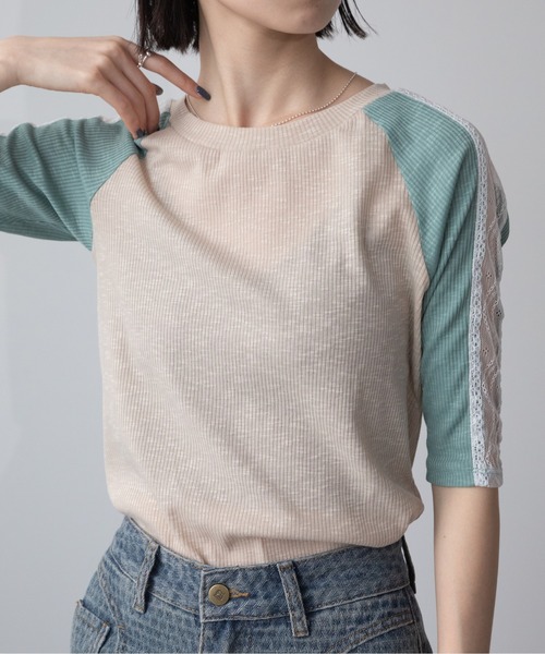 VACANCY(ヴァカンシー)の「レースラインラグランリブトップス(Tシャツ/カットソー・レディース・グレー系その他/ホワイト×ブラック/グリーン・FREE)」の20枚目の写真