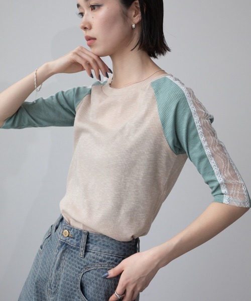 VACANCY(ヴァカンシー)の「レースラインラグランリブトップス(Tシャツ/カットソー・レディース・グレー系その他/ホワイト×ブラック/グリーン・FREE)」の21枚目の写真