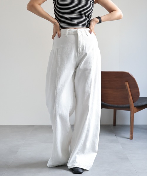 美品✨アドーア 24SS ブロッキングデニムパンツ ホワイト 36 ワイドパンツ セール】ワイドデニムパンツ(デニムパンツ)|ap retro