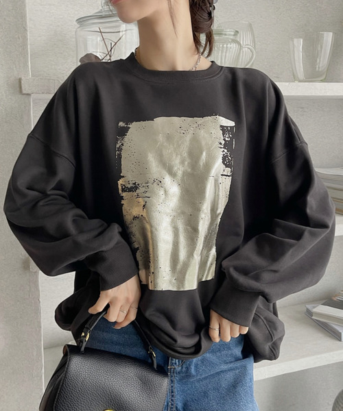 Eclat one（エクラワン）の「【Eclat one】箔プリント オーバー裏毛スウェット（スウェット・レディース・ホワイト/ブラック・FREE）」の6枚目の写真