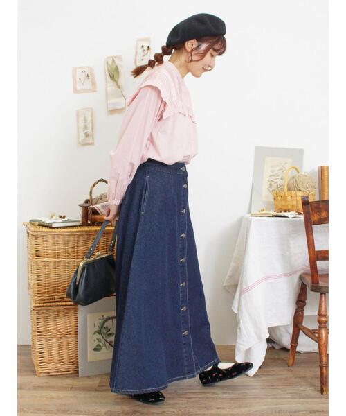 Samansa Mos2（サマンサ モスモス）の「【Sサイズ WEB限定】フロント釦フレアデニムスカート（スカート・レディース・ベージュ/ネイビー/ブルー・M/S）」の11枚目の写真