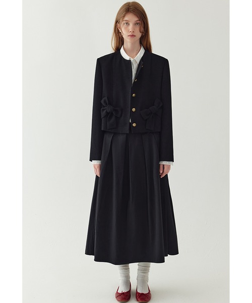 MOSCHINO リボンレースフリルノーカラージャケット ライトブルー