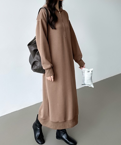 セール】ハーフジップ パーカーワンピース ポケット付き / スリット