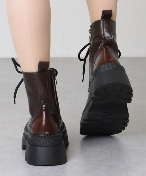 セール】レザー調 厚底 レースアップ ショート ブーツ（ブーツ）｜Lace