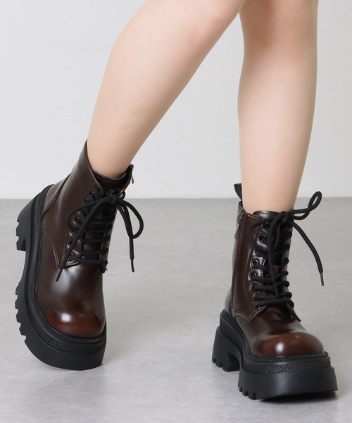セール】レザー調 厚底 レースアップ ショート ブーツ（ブーツ）｜Lace