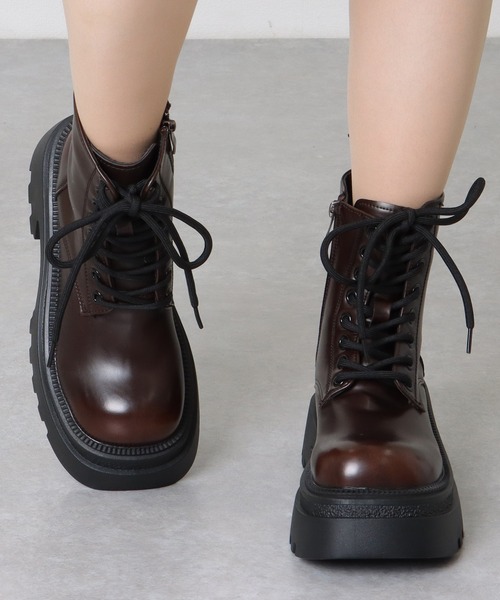 セール】レザー調 厚底 レースアップ ショート ブーツ（ブーツ）｜Lace
