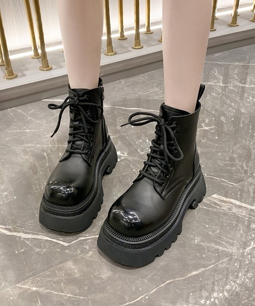セール】レザー調 厚底 レースアップ ショート ブーツ（ブーツ）｜Lace