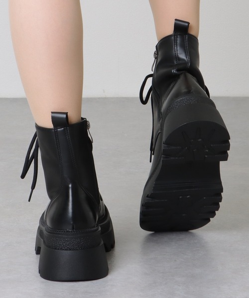 セール】レザー調 厚底 レースアップ ショート ブーツ（ブーツ）｜Lace