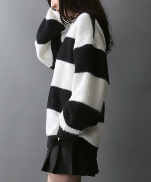 【セール】Feather Yarn Thick Stripe Knit Pullover/オーバーサイズ フェザーヤーン ボーダー ニット セーター（ニット/セーター）｜SITRY（シトリー） 5,390円