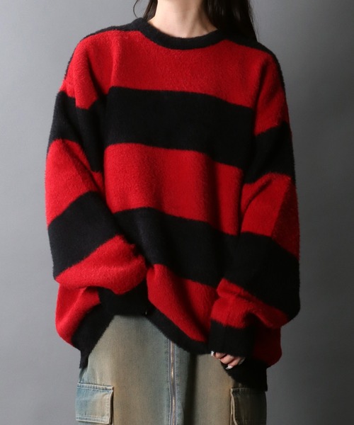 SITRY（シトリー）の「Feather Yarn Thick Stripe Knit Pullover/オーバーサイズ フェザーヤーン ボーダー ニット セーター（ニット/セーター・メンズ・レッド系その他/ホワイト系その他/ブルー系その他/ブラック系その他・L/M）」の4枚目の写真