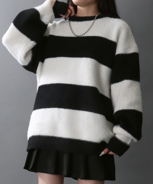 SITRY（シトリー）の「Feather Yarn Thick Stripe Knit Pullover/オーバーサイズ フェザーヤーン ボーダー ニット セーター（ニット/セーター・メンズ・レッド系その他/ホワイト系その他/ブルー系その他/ブラック系その他・L/M）」の18枚目の写真