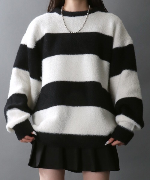 SITRY（シトリー）の「Feather Yarn Thick Stripe Knit Pullover/オーバーサイズ フェザーヤーン ボーダー ニット セーター（ニット/セーター・メンズ・レッド系その他/ホワイト系その他/ブルー系その他/ブラック系その他・L/M）」の17枚目の写真