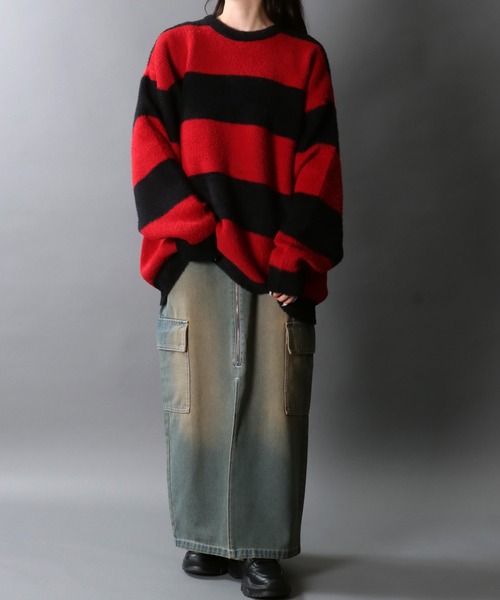 セール】Feather Yarn Thick Stripe Knit Pullover/オーバー
