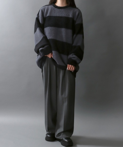 セール】Feather Yarn Thick Stripe Knit Pullover/オーバーサイズ