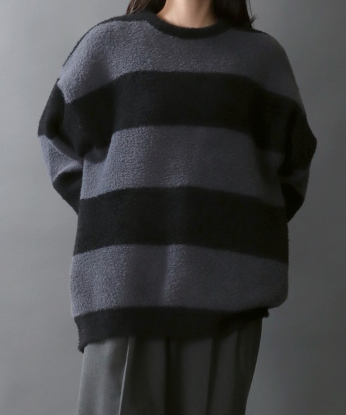 SITRY（シトリー）の「Feather Yarn Thick Stripe Knit Pullover/オーバーサイズ フェザーヤーン ボーダー ニット セーター（ニット/セーター・メンズ・レッド系その他/ホワイト系その他/ブルー系その他/ブラック系その他・L/M）」の22枚目の写真