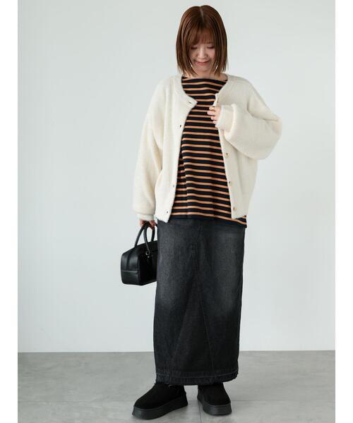 Lugnoncure（ルノンキュール）の「ボートネックボーダーワイドトップス（Tシャツ/カットソー・レディース・ベージュ/ネイビー/オフホワイト/ラベンダー・F）」の6枚目の写真