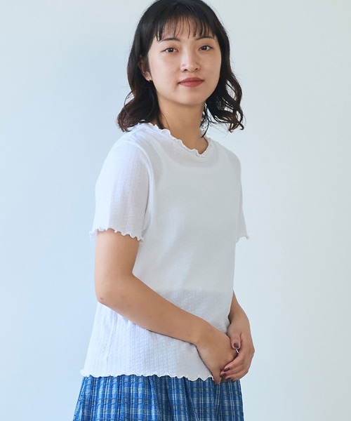 bulle de savon（ビュルデサボン）の「●強撚針抜ジャカード ハイネック半袖プルオーバー（Tシャツ/カットソー・レディース・サックスブルー/ブラック/ホワイト・FREE）」の5枚目の写真