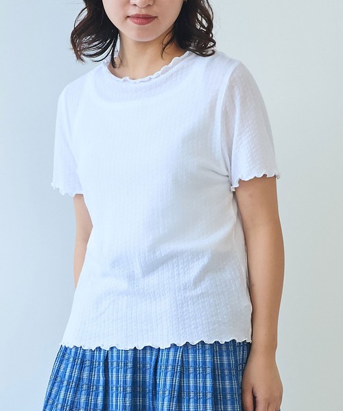 bulle de savon（ビュルデサボン）の「●強撚針抜ジャカード ハイネック半袖プルオーバー（Tシャツ/カットソー・レディース・サックスブルー/ブラック/ホワイト・FREE）」の4枚目の写真