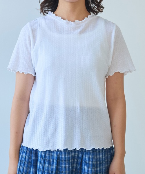 bulle de savon（ビュルデサボン）の「●強撚針抜ジャカード ハイネック半袖プルオーバー（Tシャツ/カットソー・レディース・サックスブルー/ブラック/ホワイト・FREE）」の14枚目の写真