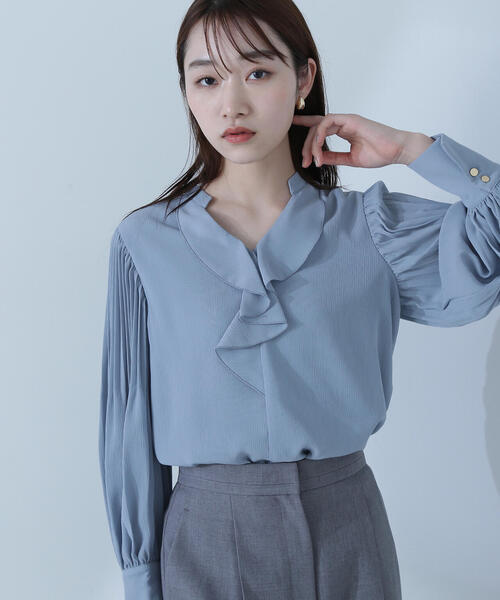 洗える♡イエナ＊楊柳ラッフルブラウス　フリル　ネイビー　シアー 洗える♡イエナ＊楊柳ラッフルブラウス フリル ネイビー シ