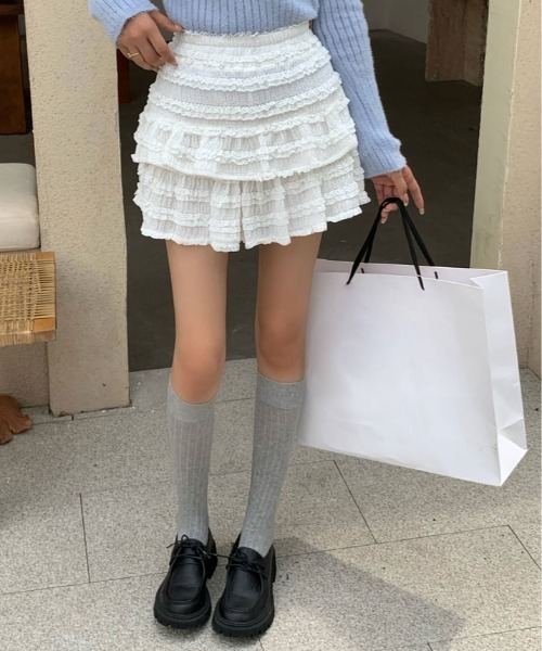 kirakiraShop(キラキラショップ)の「レース ティアード ミニスカート(スカート・レディース・ブラック/ホワイト・FREE)」の5枚目の写真