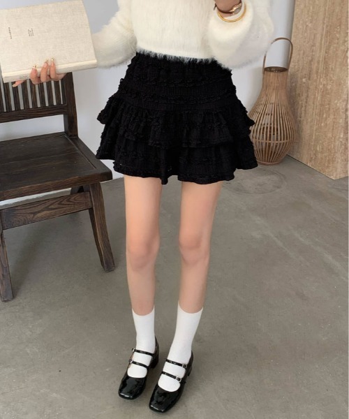 kirakiraShop(キラキラショップ)の「レース ティアード ミニスカート(スカート・レディース・ブラック/ホワイト・FREE)」の15枚目の写真