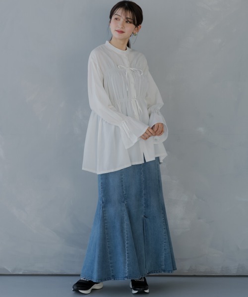 slattgir(スラットジール)の「高身長 ギャザーリボンブラウス(トールサイズ)fifiean(シャツ/ブラウス・レディース・ブラック/オフホワイト・M/L/LL/3L)」の10枚目の写真