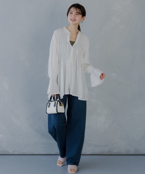 slattgir(スラットジール)の「高身長 ギャザーリボンブラウス(トールサイズ)fifiean(シャツ/ブラウス・レディース・ブラック/オフホワイト・M/L/LL/3L)」の9枚目の写真