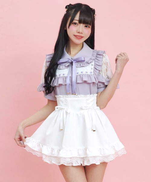 Secret Honey（シークレットハニー）の「サイドレースアップスカパン（スカート・レディース・ブラック/オフホワイト/ストライプ・MEDIUM）」の2枚目の写真