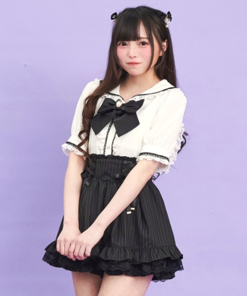 Secret Honey（シークレットハニー）の「サイドレースアップスカパン（スカート・レディース・ブラック/オフホワイト/ストライプ・MEDIUM）」の3枚目の写真