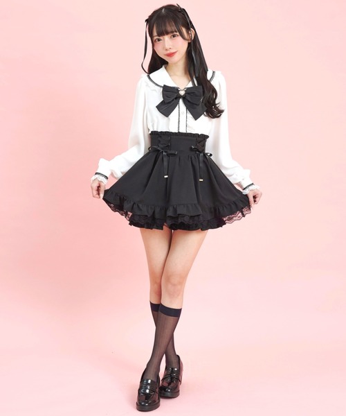 Secret Honey（シークレットハニー）の「サイドレースアップスカパン（スカート・レディース・ブラック/オフホワイト/ストライプ・MEDIUM）」の7枚目の写真