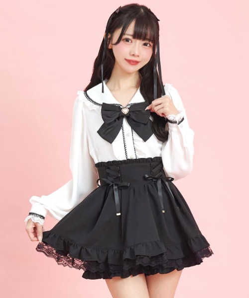 Secret Honey（シークレットハニー）の「サイドレースアップスカパン（スカート・レディース・ブラック/オフホワイト/ストライプ・MEDIUM）」の6枚目の写真