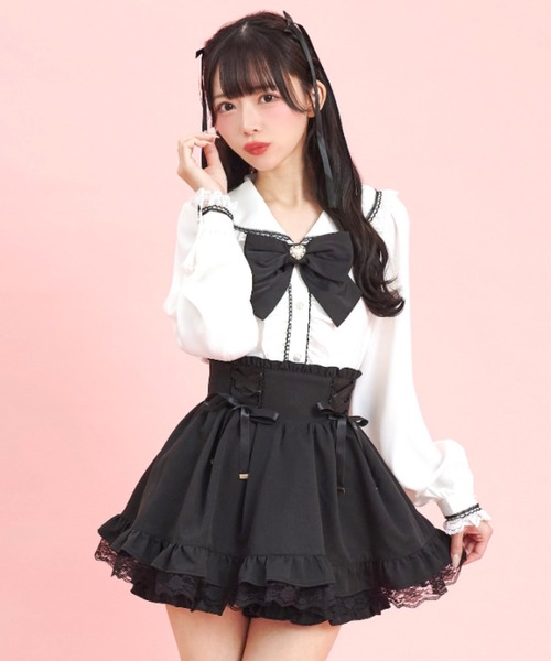 Secret Honey（シークレットハニー）の「サイドレースアップスカパン（スカート・レディース・ブラック/オフホワイト/ストライプ・MEDIUM）」の4枚目の写真