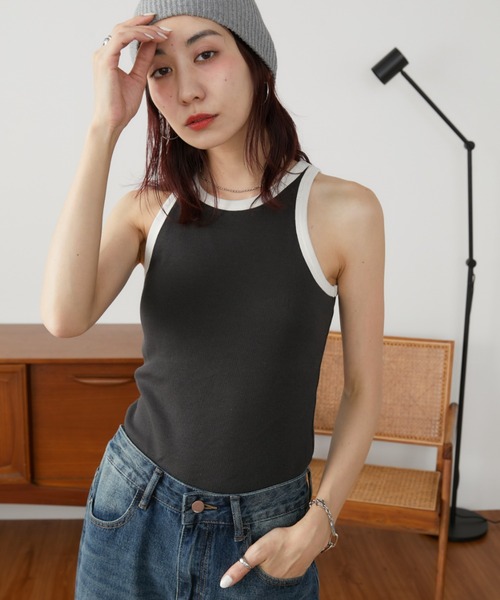 Auntie Rosa Holiday(アンティローザホリデー)の「カップ付きバイカラータンク(タンクトップ・レディース・チャコールグレー/ブルー・FREE)」の3枚目の写真