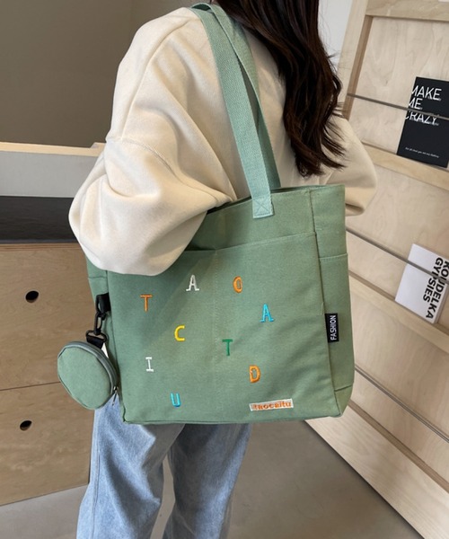 TONE SELECT GOODS（トーンセレクトグッズ）の「urbanfemine./A4サイズ収納 ミニポーチ付き英字キャンバストートバッグ U7428（トートバッグ・レディース・グリーン/ブラック/ベージュ/ホワイト・FREE）」の21枚目の写真