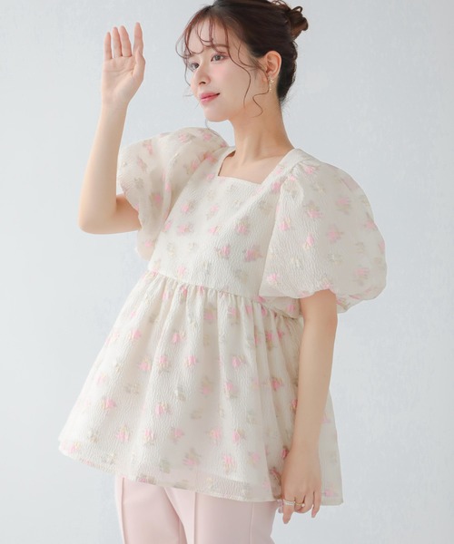 セール】刺しゅうジャガードバックリボンペプラムトップス